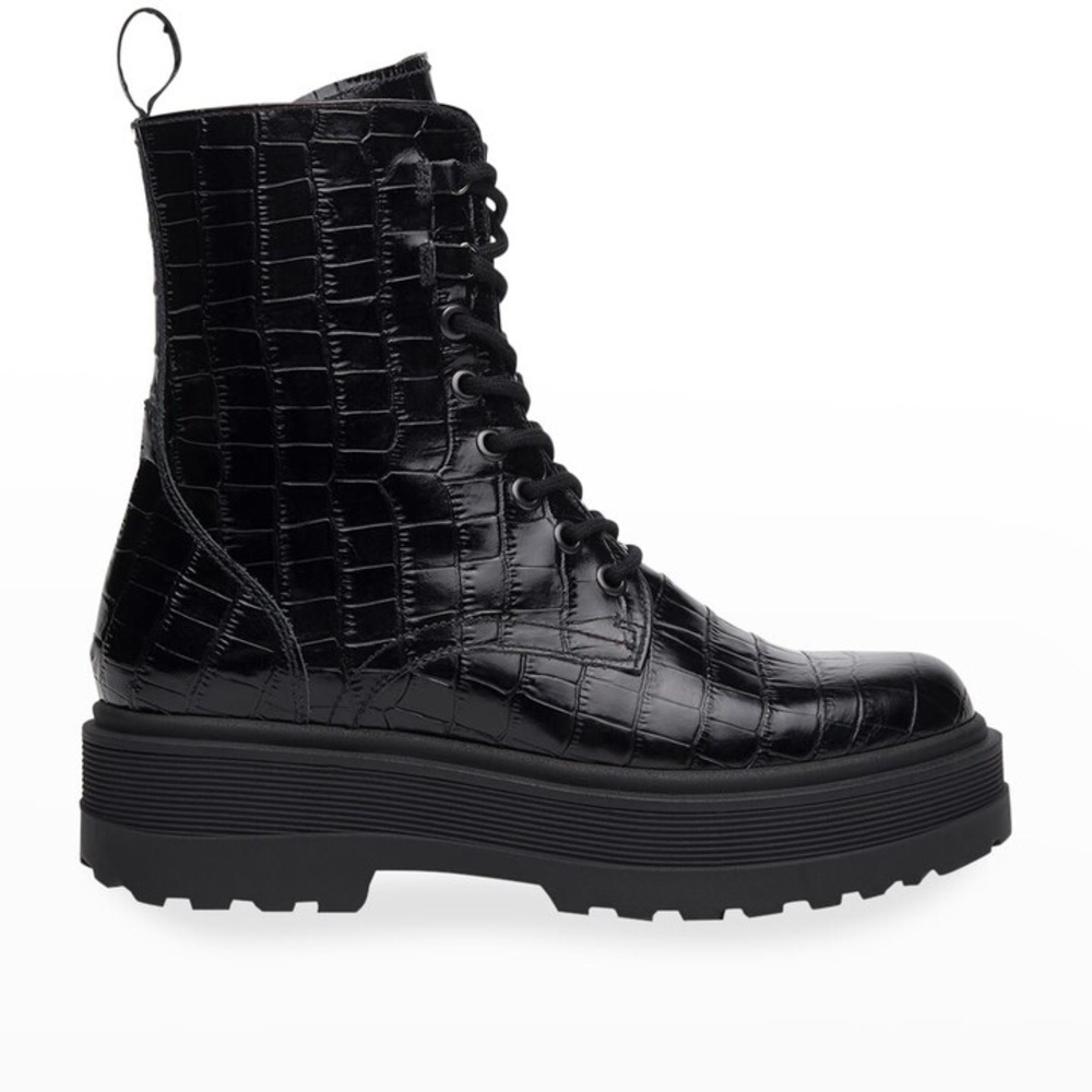 Nero Giardini Cocco Mock Croc Combat Booties Black Embossed Leather Sz 40